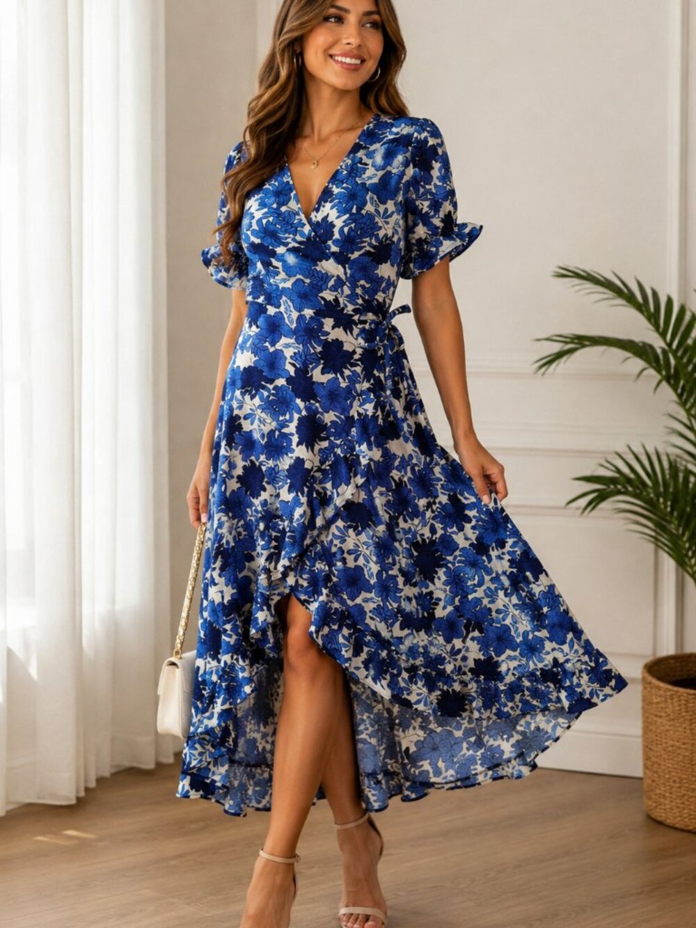 Alex & Parker Blue Floral Wrap Midi Dress Puff Sleeve Size S